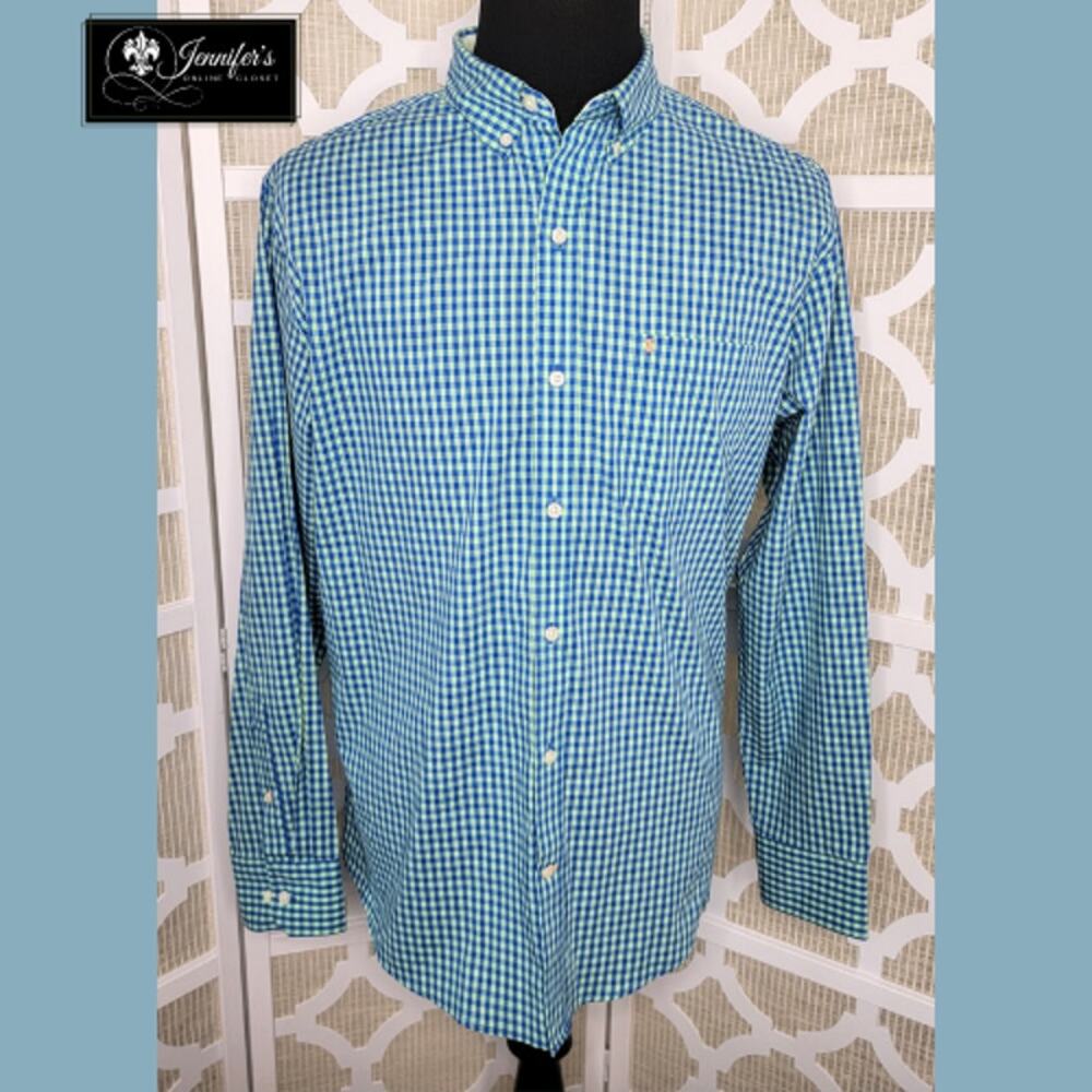 Izod Premium Essentials Men's Blue and Green Gingham Shirt Size L